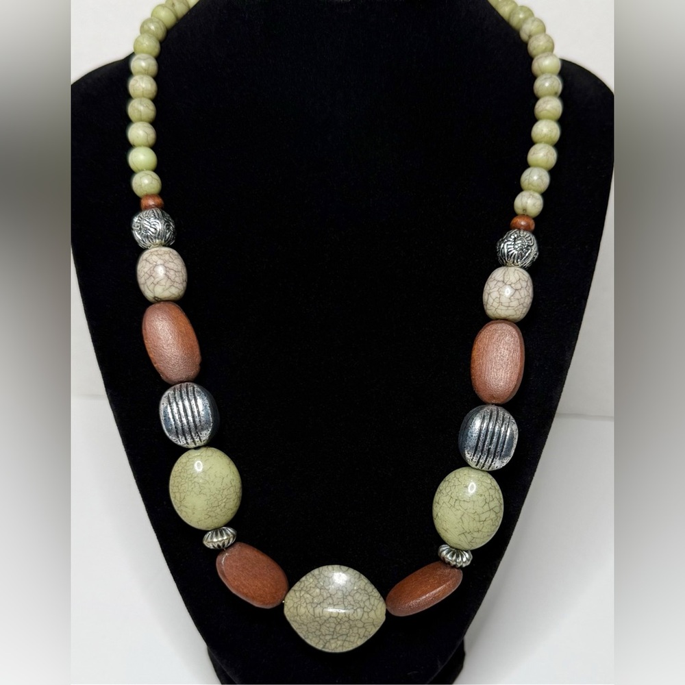 Boho Sage Green Necklace – Glass, Wood, Acrylic & Silver Beads - Adjustable